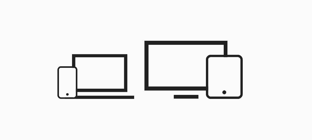 Symbolgrafik von vier Geräten – Smartphone, Laptop, Desktop-PC und Tablet – als Darstellung der geräteübergreifenden Nutzung digitaler Anwendungen.