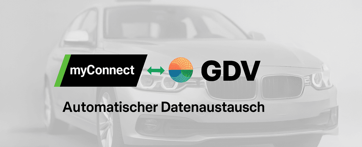 Grafik mit einem Auto im Hintergrund zeigt die Logos von myConnect und GDV mit einem Doppelpfeil dazwischen und dem Text ‚Automatischer Datenaustausch‘ – Hinweis auf eine Schnittstelle für automatisierten Datenaustausch zwischen myconnect und GDV