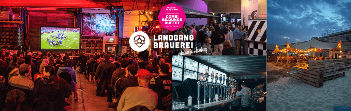 Collage mit Szenen aus der Landgang Brauerei Hamburg: Public Viewing, buntes Event, Bierauswahl, Abendstimmung am Sandstrand und Festivalatmosphäre.