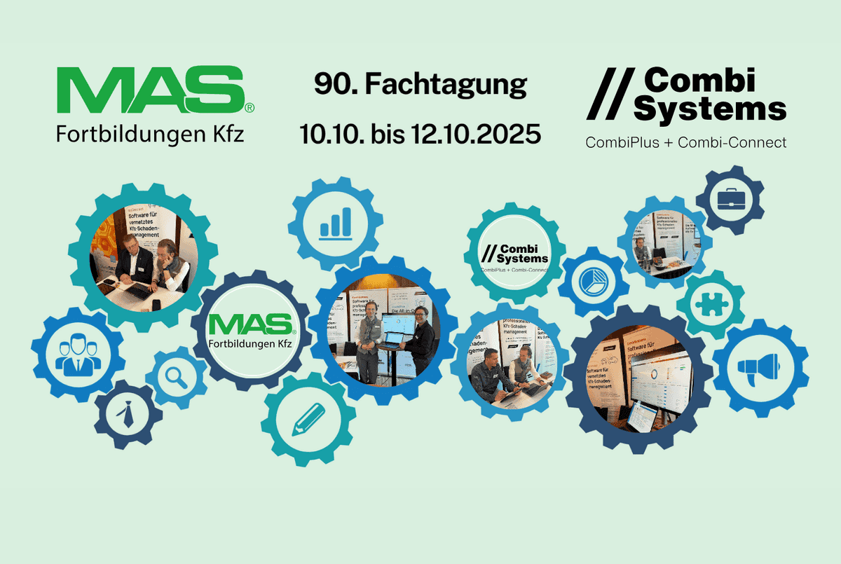 Visualisierung zur 90. MAS-Fachtagung 2025 mit dem CombiTeam von CombiSystems. Zu sehen sind Messestände, Softwarepräsentationen und Gespräche mit Fachbesuchern zu den Themen Kfz-Schadenmanagement, CombiPlus und myConnect.