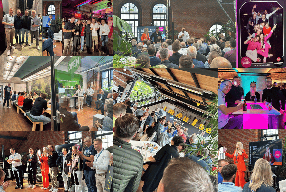 Collage vom CombiBildungsBuffet 2025 in Hamburg: Teilnehmende beim Netzwerken, in Workshops und bei Vorträgen im MachWerk sowie bei der Abendveranstaltung „Nachts im Museum“ im Prototyp Hamburg. Zu sehen sind die CombiReferent:innen auf der Bühne, Moderatorin Silke Leinweber, Partnerstände von GT Motive und Impulse Medien sowie fröhliche Gruppenfotos und Gespräche in inspirierender Atmosphäre.