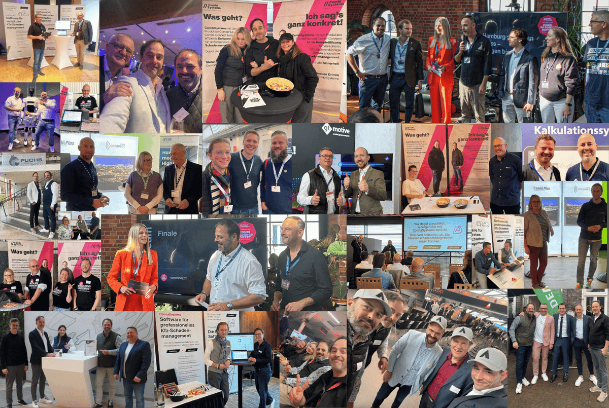 Collage mit Fotos des CombiTeams von CombiSystems auf verschiedenen Veranstaltungen im Jahr 2025 – Messen, Kongresse und Branchentreffen – im Austausch mit CombiKunden und CombiPartnern über CombiPlus, myConnect und digitale Lösungen im Kfz-Schadenmanagement.