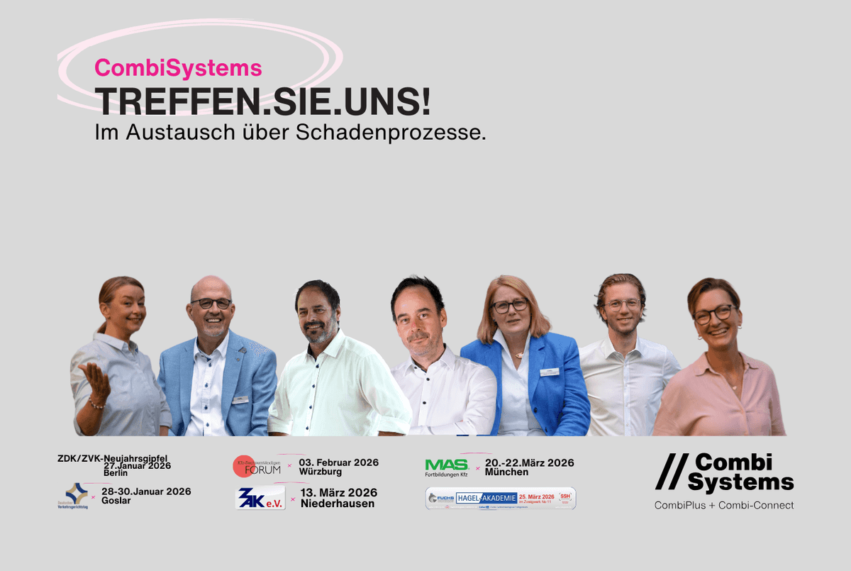 Titelbild „TREFFEN. SIE. UNS!“ mit dem CombiSystems Team und Terminen zu Fachveranstaltungen im Kfz-Schadenmanagement im ersten Quartal 2026