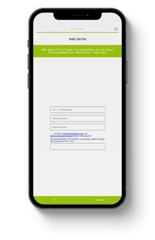 Das Bild zeigt das Formular zur Eingabe von Kontaktdaten in der myConnect WebApp auf einem Smartphone. Der Nutzer wird aufgefordert, seinen Vor- und Nachnamen, Telefonnummer und E-Mail-Adresse einzugeben. Unterhalb der Eingabefelder befindet sich der grüne Button „SENDEN“, um die Daten abzusenden.