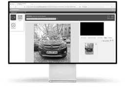  Das Bild zeigt die Benutzeroberfläche von myConnect, auf einem Desktop-Computer. Auf dem Bildschirm ist ein Videocall angezeigt, bei dem ein Bild eines Autos in Schwarz-Weiß zu sehen ist. Es handelt sich um einen Opel. Die rechte Seite des Bildes zeigt einen weiteren Platz für ein Bild, das jedoch leer ist. Unterhalb des Bildes gibt es Optionen zum Hochladen von Bildern und zur Bearbeitung des Schadensfalls.