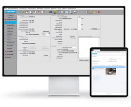 Das Bild zeigt die CombiPlus Professional Software auf einem Desktop-Computer und einem Tablet. Auf dem Desktop-Bildschirm sind die detaillierten Schaden- und Gutachteninformationen sichtbar, einschließlich der Erfassung eines Besichtigungstermins und den Kontaktdetails vom Geschädigten. Der Tablet-Bildschirm zeigt ein Foto des Fahrzeugs und die Vorschau des Gutachtens. Diese Darstellung verdeutlicht die nahtlose Integration von CombiPlus Professional und der mobilen Nutzung durch CombiPlus Online, mit der Schadenaufnahme und der Verwaltung von Gutachten sowohl im Büro als auch unterwegs möglich ist.