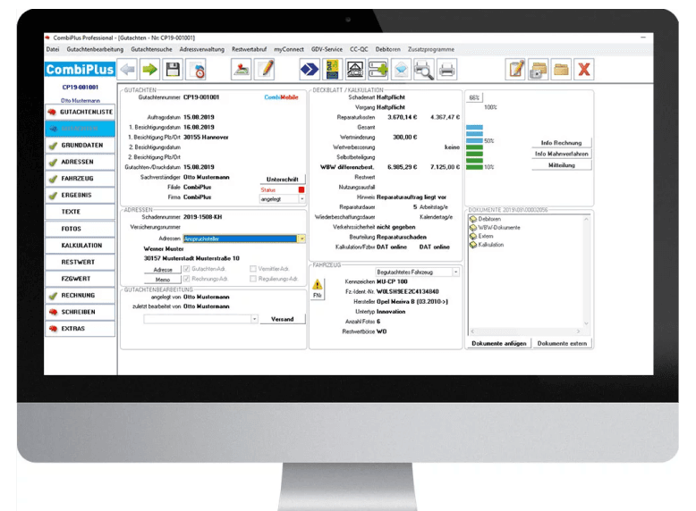 Das Bild zeigt die CombiPlus Professional Software auf einem Desktop-Computer. Es handelt sich um die Ansicht einer Gutachtenbearbeitung. Auf der linken Seite befinden sich verschiedene Menüoptionen, wie Grunddaten, Adressen, Fahrzeug und Ergebnisse. Auf der rechten Seite sind detaillierte Informationen zum Schadenfall, Reparaturkosten, Dokumente und die Prozessübersicht zu finden. Es ist auch der Status des Gutachtens sichtbar. Diese Ansicht ist besonders hilfreich für Kfz-Sachverständige, um alle relevanten Daten für die Schadenbearbeitung schnell zu erfassen und zu verwalten.       Du:  ChatGPT: ChatGPT Das Bild zeigt die CombiPlus Professional Software auf einem Desktop-Computer. Es handelt sich um eine detaillierte Ansicht der Gutachtenbearbeitung mit einer Übersicht über verschiedene Gutachten und Schadenfälle. Auf der linken Seite sind Such- und Filteroptionen zu finden, um nach spezifischen Gutachten zu suchen, wie z. B. nach Fahrzeugdaten oder Gutachtenummern. Auf der rechten Seite werden Kurzinformationen zum aktuellen Schadenfall angezeigt, einschließlich Fahrzeugdetails und Reparaturkosten. Es handelt sich um eine benutzerfreundliche Oberfläche für Kfz-Sachverständige, um die Verwaltung von Gutachten und Schadenfällen effizient durchzuführen.      Du:  ChatGPT: ChatGPT Das Bild zeigt die CombiPlus Professional Software auf einem Desktop-Computer. Auf der linken Seite befinden sich die Menüoptionen, die es dem Sachverständigen ermöglichen, auf verschiedene Bereiche wie Gutachten, Adressen, Fahrzeugdaten, Fotos und Rechnungen zuzugreifen. Auf der rechten Seite werden die Schaden- und Auftragsdaten angezeigt, einschließlich Gutachten-Nummer, Schadenart und Versicherung. In diesem Fall handelt es sich um die Schadenaufnahme und Gutachtenbearbeitung, wobei verschiedene Details zu den Fahrzeug- und Schadeninformationen ausgefüllt werden. Die Software ermöglicht es Kfz-Sachverständigen, alle relevanten Daten einfach zu verwalten und zu dokumentieren.      Du:  ChatGPT: ChatGPT Das Bild zeigt die CombiPlus Professional Software auf einem Desktop-Computer und einem Tablet. Auf dem Desktop-Bildschirm sind die detaillierten Schaden- und Gutachteninformationen sichtbar, einschließlich der Schadenbeschreibung, Versicherung und Fahrzeugdaten. Der Tablet-Bildschirm zeigt ein Foto des Fahrzeugs, das in das Gutachten integriert wurde. Diese Darstellung verdeutlicht die nahtlose Integration von CombiPlus Professional und der mobilen Nutzung durch CombiPlus Online, mit der Schadenaufnahme und der Verwaltung von Gutachten sowohl im Büro als auch unterwegs möglich ist.      Du:  ChatGPT: ChatGPT Das Bild zeigt die CombiPlus Professional Software auf einem Desktop-Bildschirm, mit einem Beispiel für ein Kfz-Gutachten. Es sind Details zum Schaden, der Reparaturkostenkalkulation, sowie Fahrzeug- und Adressdaten sichtbar. Auf der rechten Seite wird der Fortschritt der Rechnungsstellung angezeigt, während unter "Dokumente" relevante Dateien wie Gutachten und Fahrzeugfotos aufgeführt sind. Der "CombiMobile"-Button zeigt, dass das Gutachten und die Schadenaufnahme durch CombiPlus Online auch mobil bearbeitet und ergänzt werden können.
