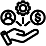 Schwarz-weißes Symbol für Debitorenmanagement, bestehend aus einer Handfläche, die ein Zahnrad, ein Benutzer-Icon und ein Dollarzeichen trägt. Es symbolisiert die Verbindung von Prozessen, Kunden und Finanzen.