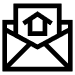 Schwarz-weißes Symbol eines geöffneten Briefumschlags mit einem Dokument, das ein Haus-Symbol enthält. Dieses Symbol steht für Mahnungen.