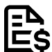 Schwarz-weißes Symbol eines Dokuments mit horizontalen Linien, die Text darstellen, und einem Dollarzeichen ($) in der unteren rechten Ecke. Das Design deutet auf ein Dokument mit finanziellen oder monetären Inhalten hin.