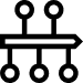 Schwarz-weißes Symbol mit einer horizontalen Linie, von der drei vertikale Linien mit Kreisen am Ende nach unten abzweigen, und drei Kreise oben, die durch vertikale Linien verbunden sind. Das Design erinnert an ein Diagramm oder einen Prozessfluss.