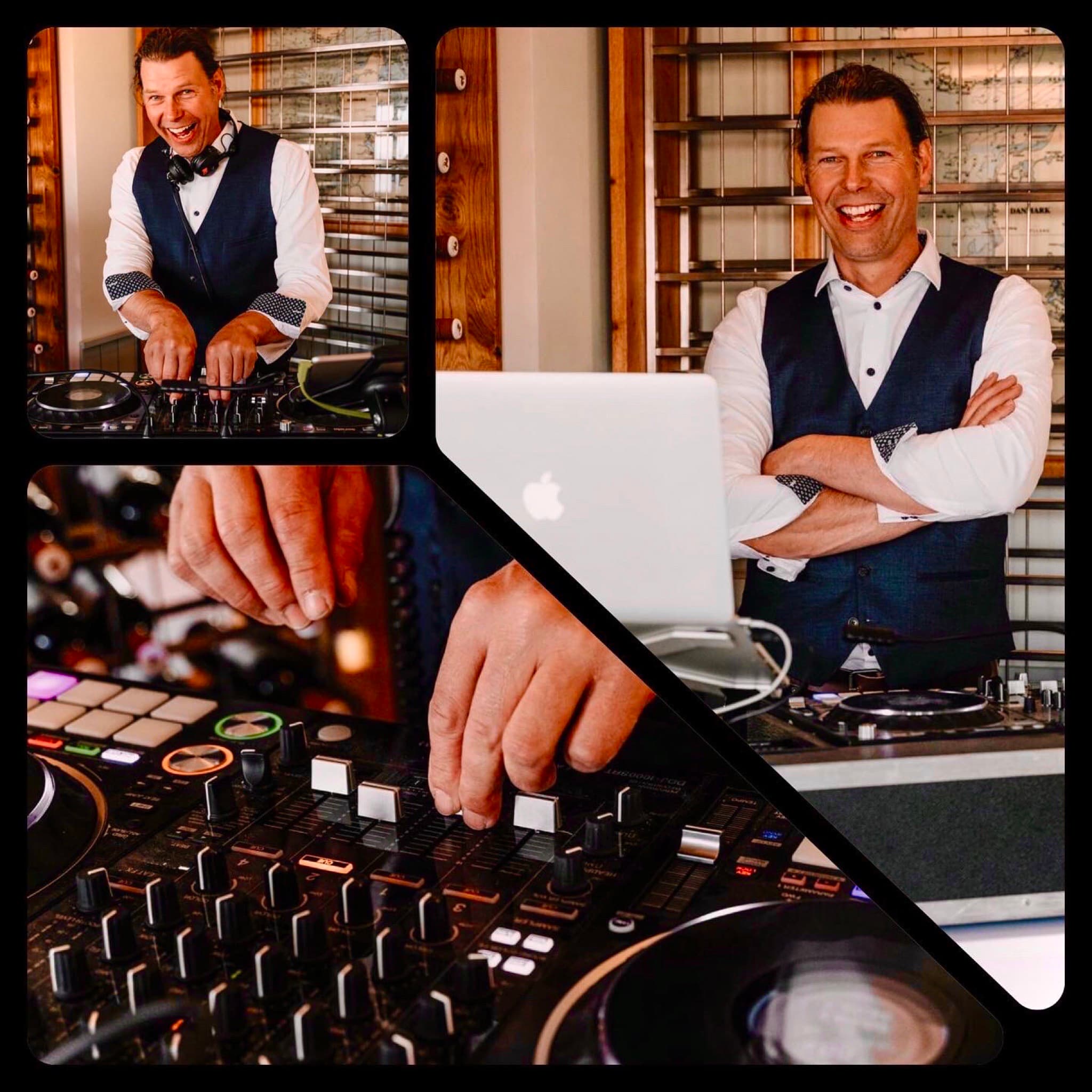  Bildcollage mit DJ Chicken Beats an seinem Mischpult in verschiedenen Perspektiven – konzentriert und mit guter Laune bei der Arbeit.