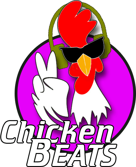 Rundes Chicken Beats Logo mit Huhn, Sonnenbrille und Kopfhörern; Text: „Chicken BEATS“ vor pinkem Kreis.