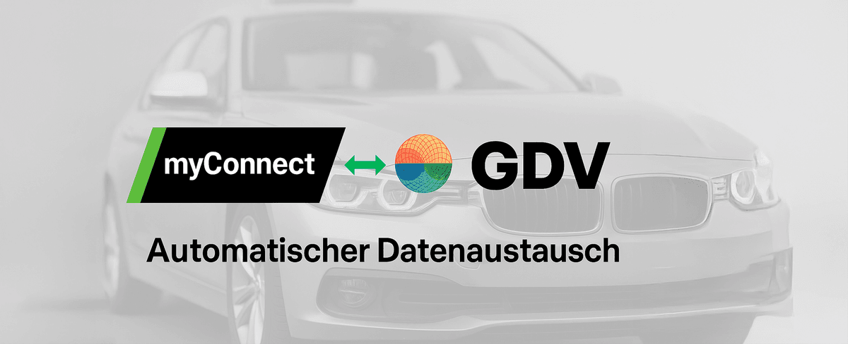 Grafik mit einem Auto im Hintergrund zeigt die Logos von myConnect und GDV mit einem Doppelpfeil dazwischen und dem Text ‚Automatischer Datenaustausch‘ – Hinweis auf eine Schnittstelle für automatisierten Datenaustausch zwischen myconnect und GDV