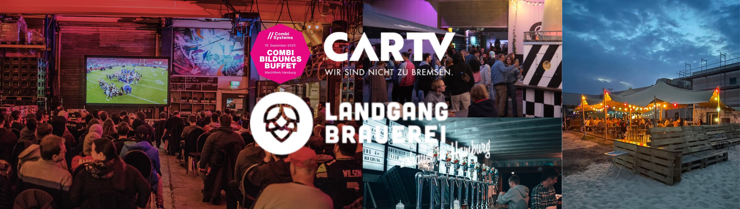 Collage mit Szenen aus der Landgang Brauerei Hamburg: Public Viewing, buntes Event, Bierauswahl, Abendstimmung am Sandstrand und Festivalatmosphäre.