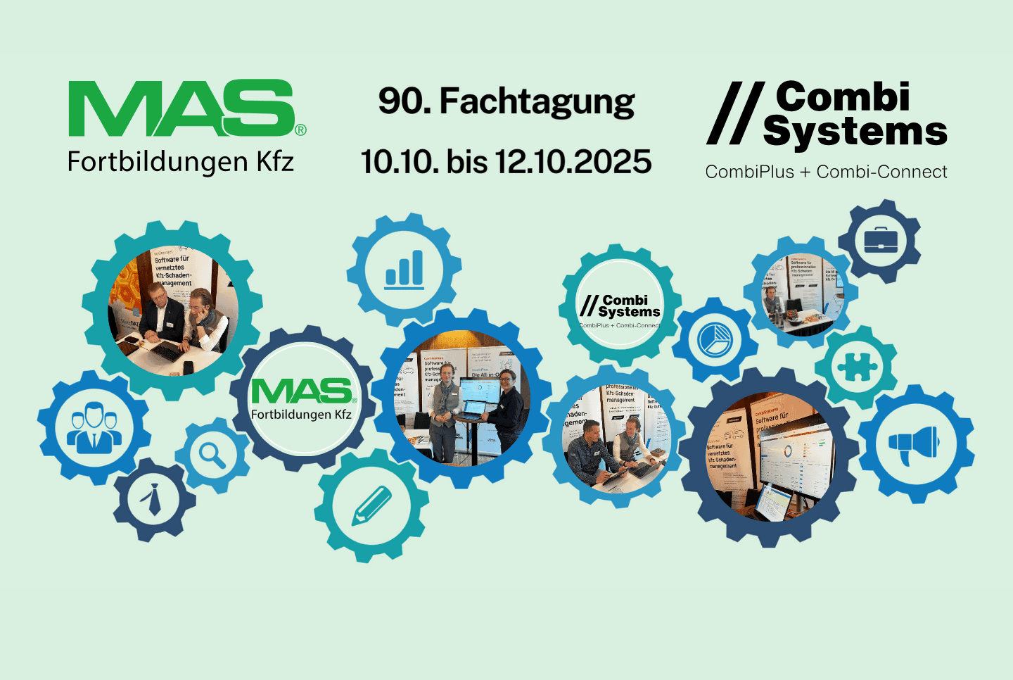 Visualisierung zur 90. MAS-Fachtagung 2025 mit dem CombiTeam von CombiSystems. Zu sehen sind Messestände, Softwarepräsentationen und Gespräche mit Fachbesuchern zu den Themen Kfz-Schadenmanagement, CombiPlus und myConnect.