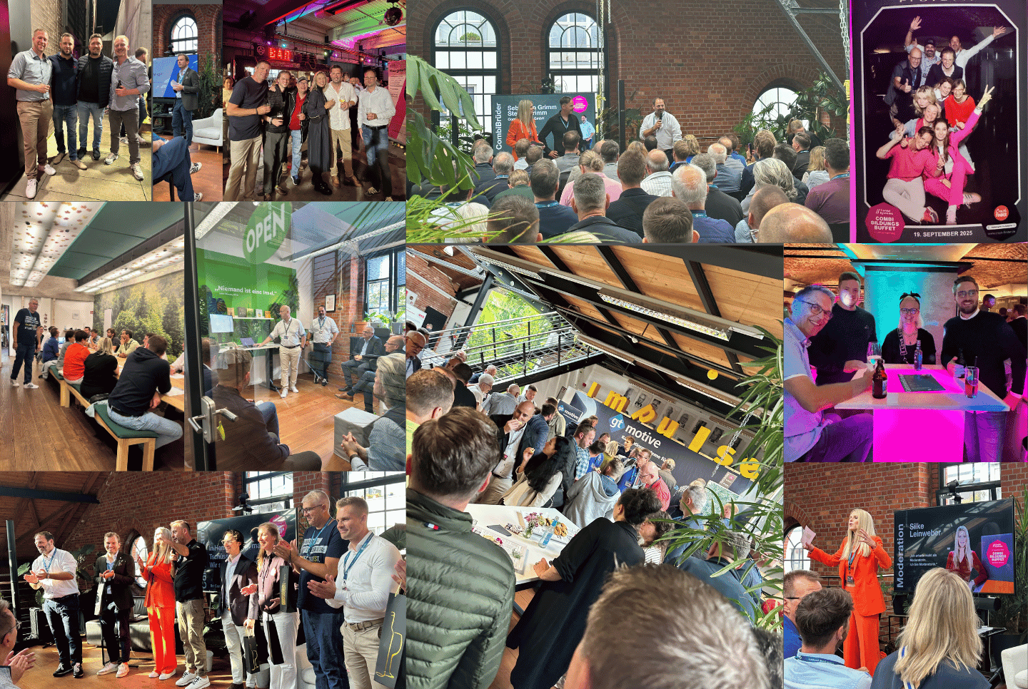 Collage vom CombiBildungsBuffet 2025 in Hamburg: Teilnehmende beim Netzwerken, in Workshops und bei Vorträgen im MachWerk sowie bei der Abendveranstaltung „Nachts im Museum“ im Prototyp Hamburg. Zu sehen sind die CombiReferent:innen auf der Bühne, Moderatorin Silke Leinweber, Partnerstände von GT Motive und Impulse Medien sowie fröhliche Gruppenfotos und Gespräche in inspirierender Atmosphäre.