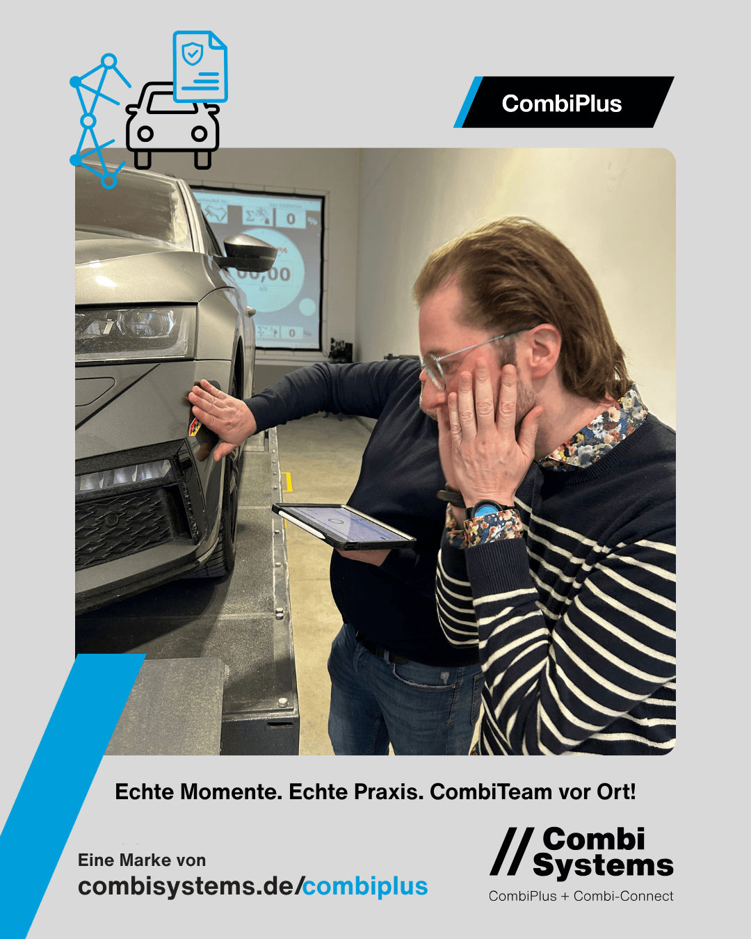 CombiTeam bei der Schadenaufnahme direkt am Fahrzeug mit Tablet und CombiPlus Hybrid in der Praxis
