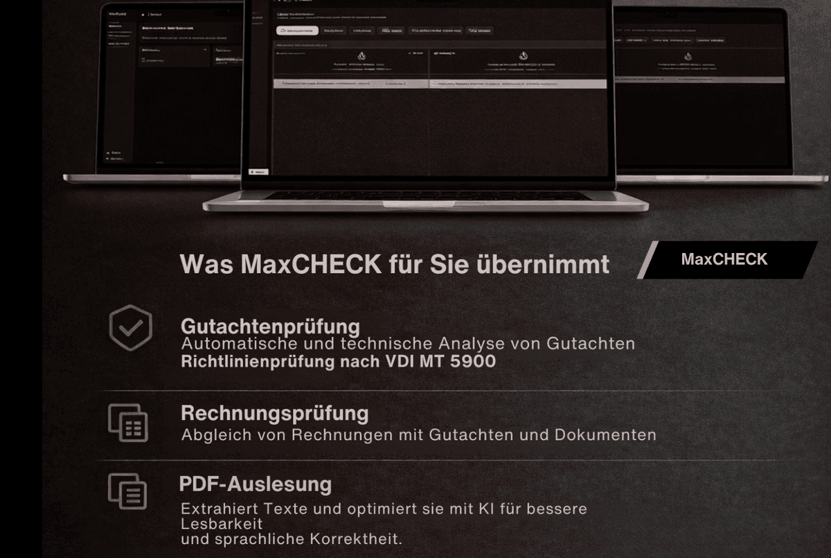 Drei Laptops mit dunkler Benutzeroberfläche im Hintergrund. Im Vordergrund der Titel „Was MaxCHECK für Sie übernimmt“. Darunter drei Leistungsbereiche: „Gutachtenprüfung“ (automatische Analyse nach VDI MT 5900), „Rechnungsprüfung“ (Abgleich von Rechnungen mit Dokumenten) und „PDF-Auslesung“ (KI-gestützte Textextraktion und Optimierung). Rechts hervorgehoben: „MaxCHECK“.