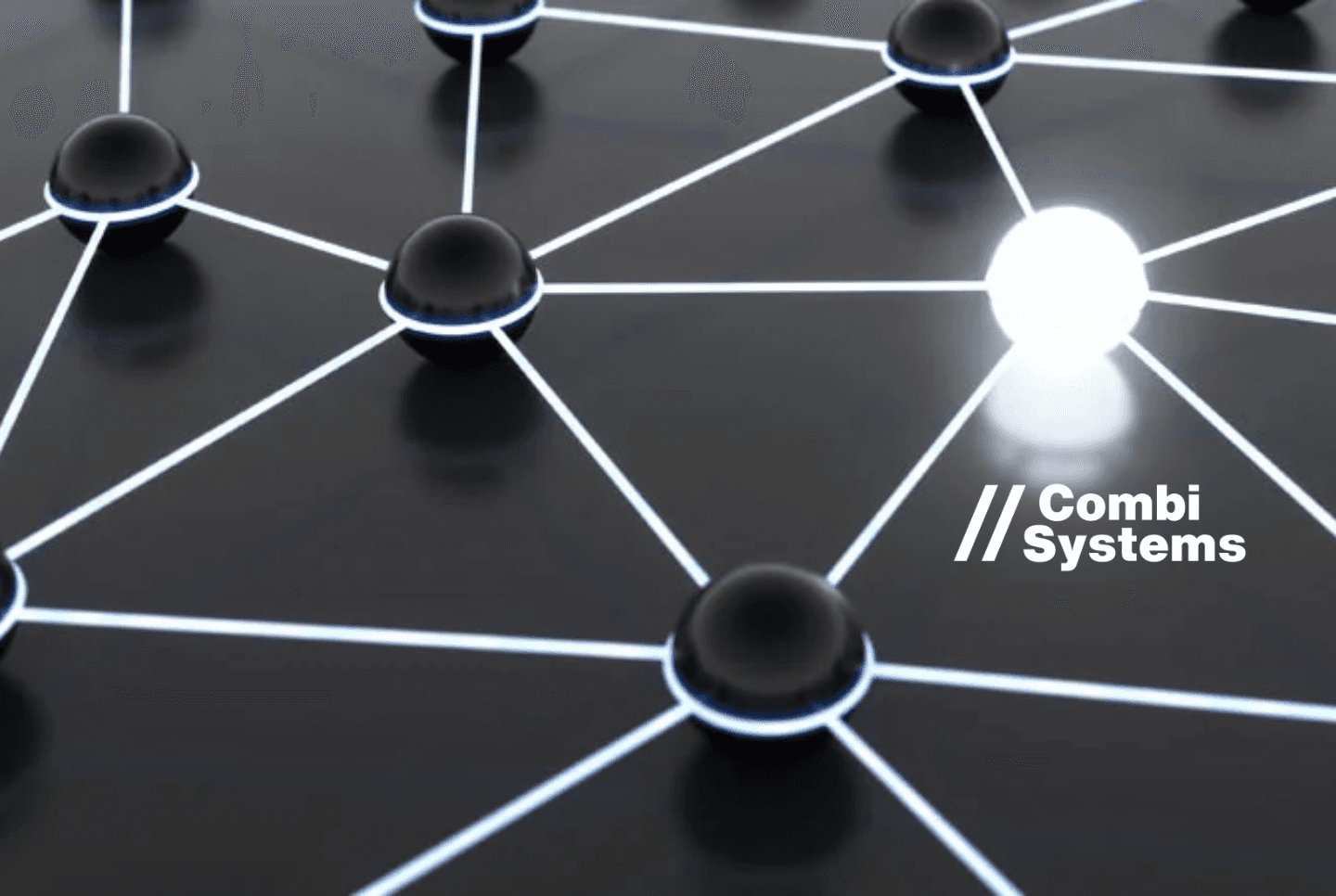 Visualisierung eines digitalen Netzwerks als Sinnbild für die Schnittstellen zu den CombiPartnern. Mehrere miteinander verbundene Knotenpunkte stehen für Systeme und Partner, die über stabile, leuchtende Verbindungen integriert sind. Ein hervorgehobener Knoten symbolisiert die zentrale CombiSystems-Plattform als verbindendes Element. Rechts unten das Branding „// Combi Systems“.